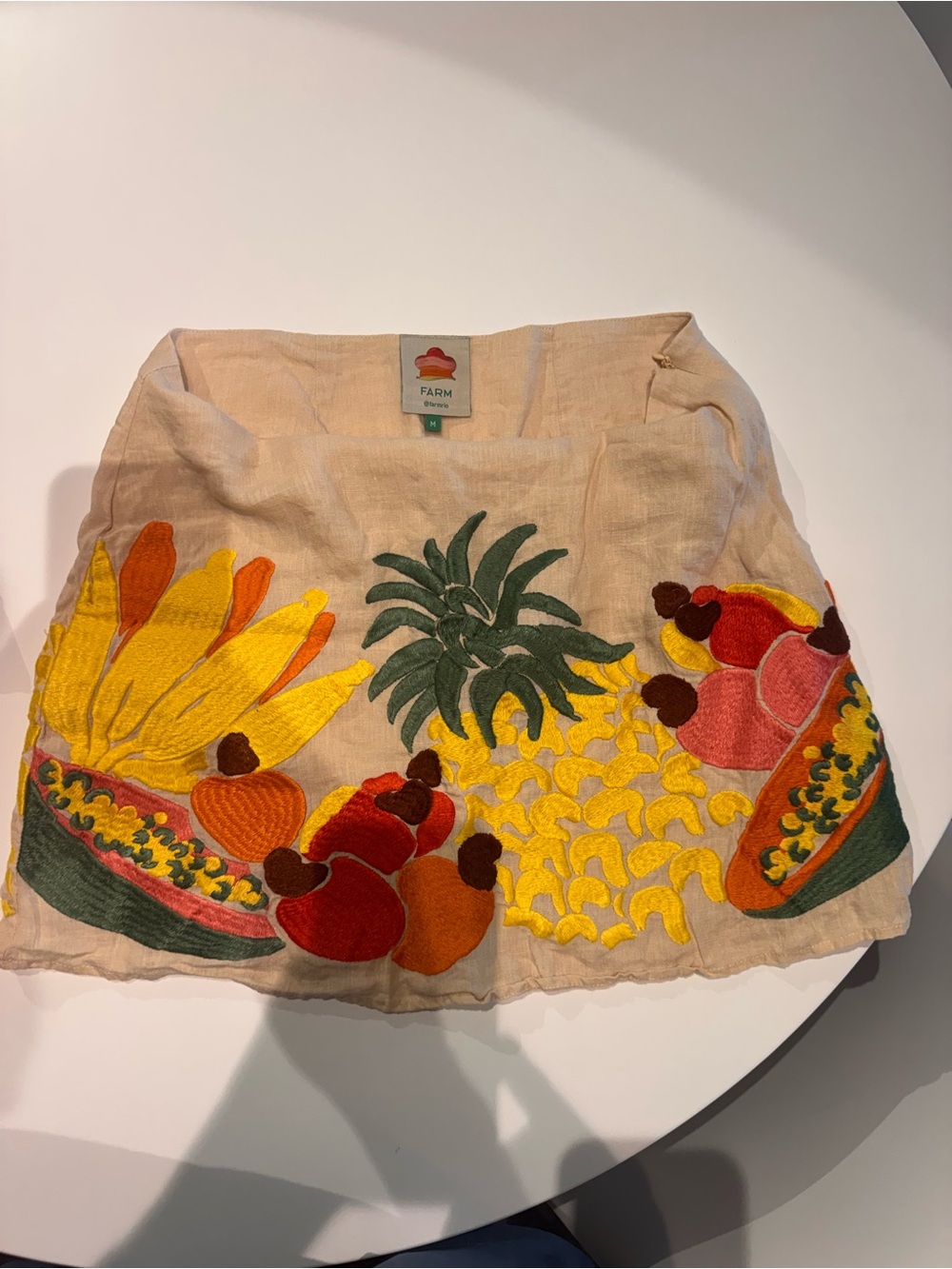 FARM Rio Beige Mini Skirt with Tropical Fruit Appliqué